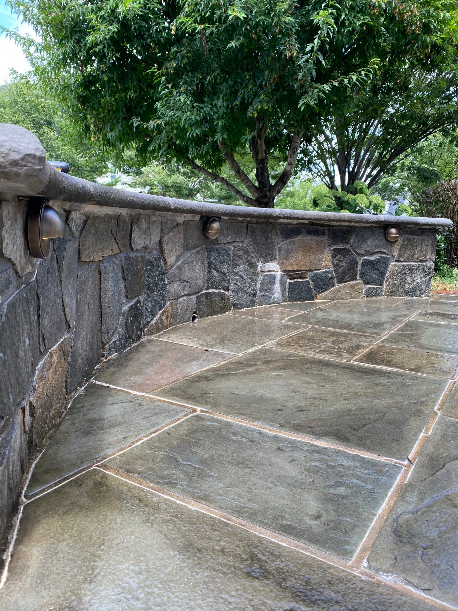 Professional copper backflow preventer installation with irrigation system and landscaped residential property by Advanced Irrigation & Lighting Services serving Northern Virginia, Washington D.C., and Montgomery County, Maryland.