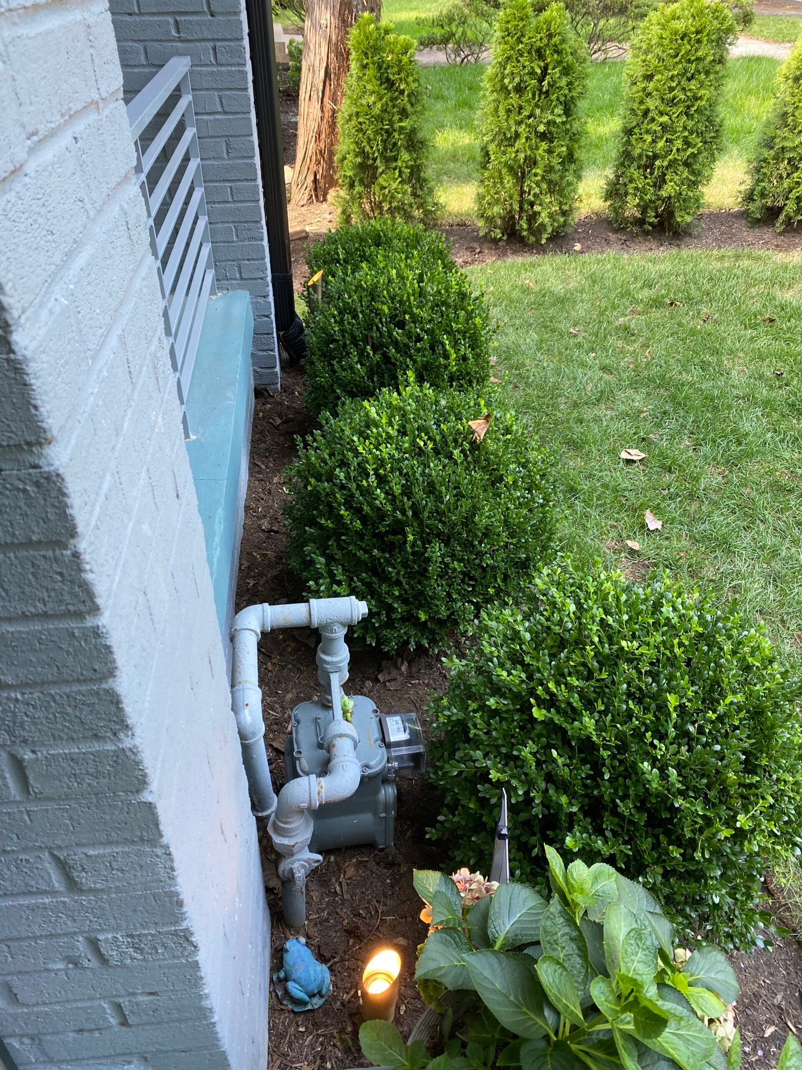 Professional copper backflow preventer installation with irrigation system and landscaped residential property by Advanced Irrigation & Lighting Services serving Northern Virginia, Washington D.C., and Montgomery County, Maryland.
