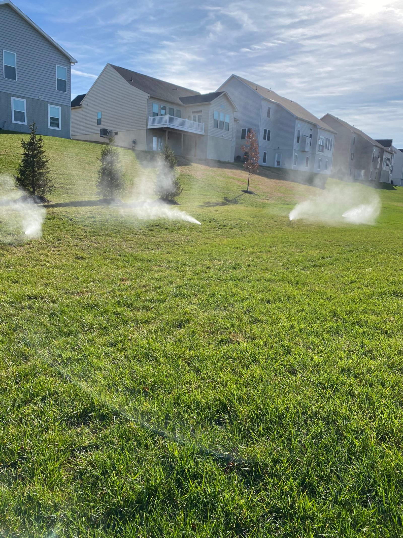 Professional copper backflow preventer installation with irrigation system and landscaped residential property by Advanced Irrigation & Lighting Services serving Northern Virginia, Washington D.C., and Montgomery County, Maryland.