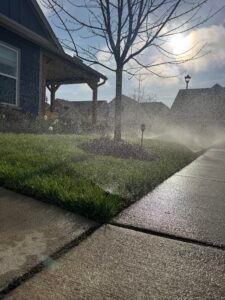 Professional copper backflow preventer installation with irrigation system and outdoor landscaping at a residential property by Advanced Irrigation & Lighting Services.