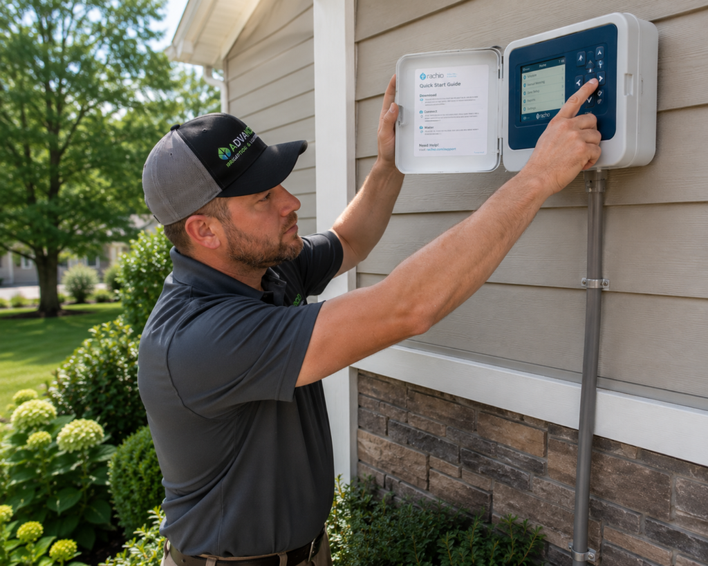 Advanced Irrigation technician adjusting the controller