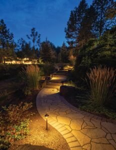Professional low-voltage LED landscape lighting illuminating a residential home and outdoor walkway in Northern Virginia.
